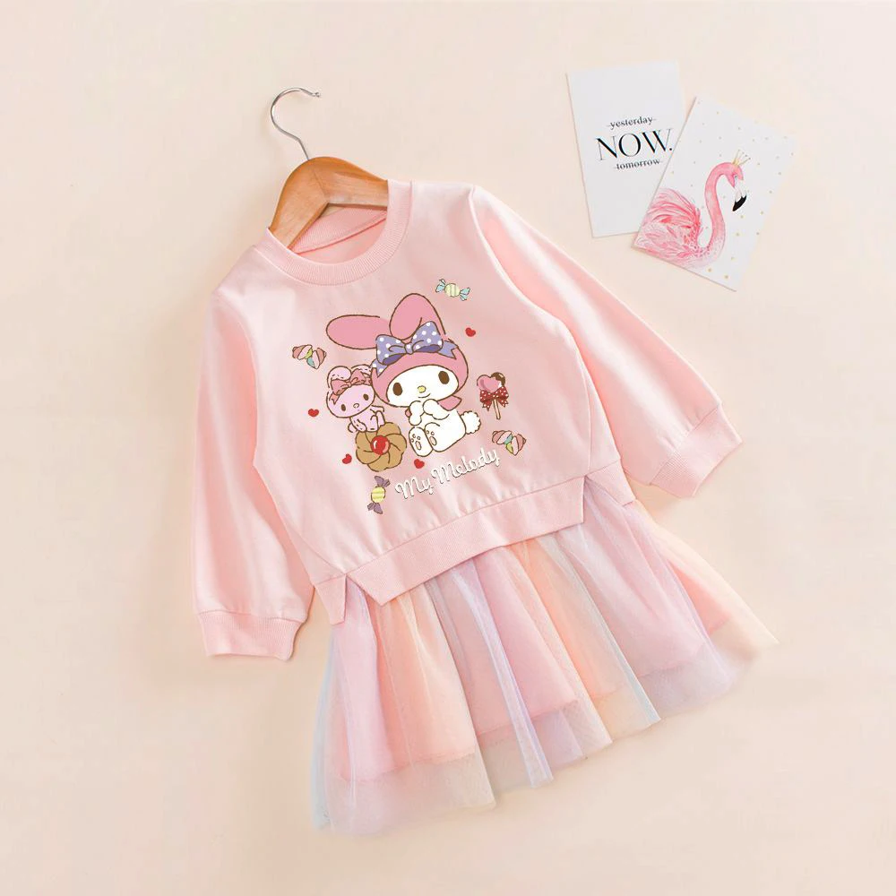 Anime Sanrioed Cinnamoroll gaun anak perempuan Kawaii Kuromi My Melody pakaian anak-anak lengan panjang gaun putri kartun