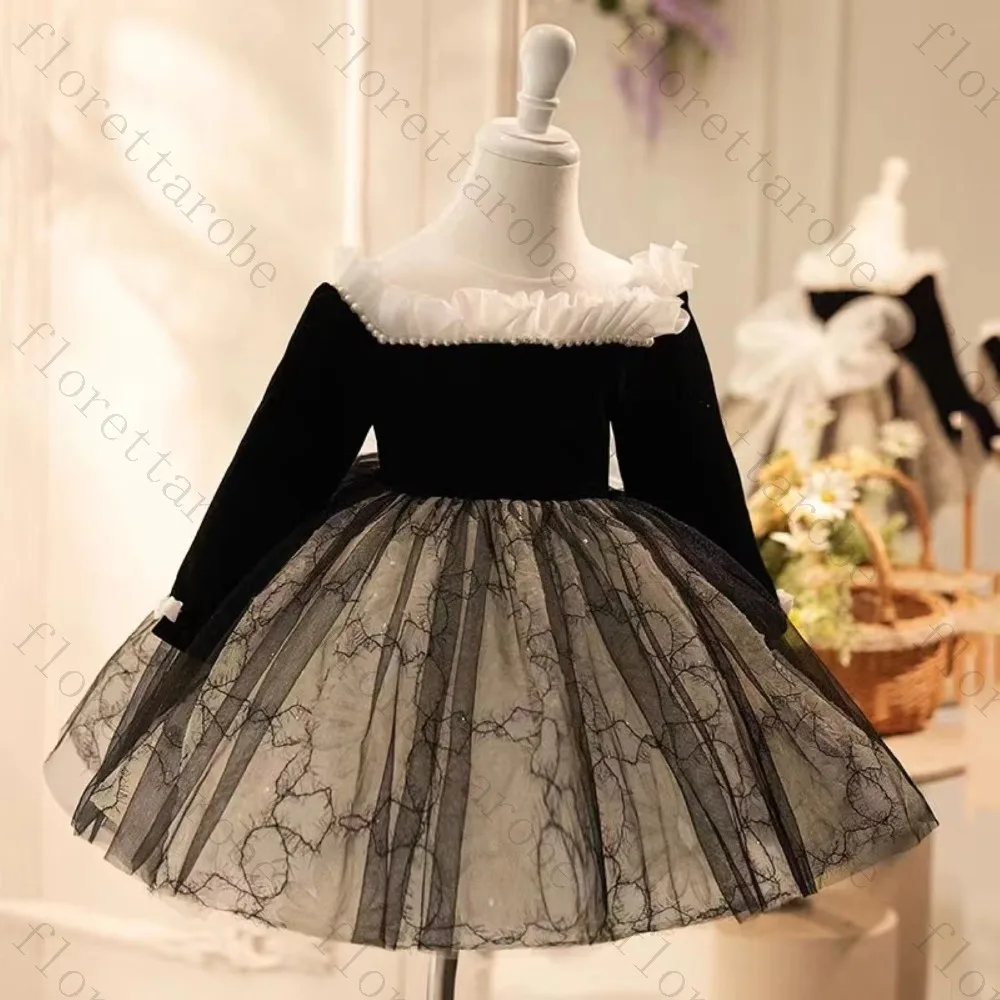 Customized Black Flower Girl Dress A Line Short Square Neck Long Sleeve Velvet Tulle Lace Pearl Ruffle Wedding Kids Party Gown