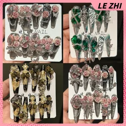 Luxury Court Romantic Rose Handmade Press On Nail Golden Butterfly False Nails 3D Rhinestone Pearl Detachable Full Cover Nails