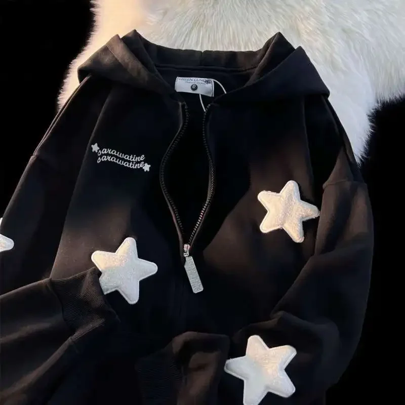 Y2K Harajuku Solid Color Star Patch Hooded Sweatshirt Korean Preppy Street Wear Men Women Autumn Loose Causal Cardigan Jacket