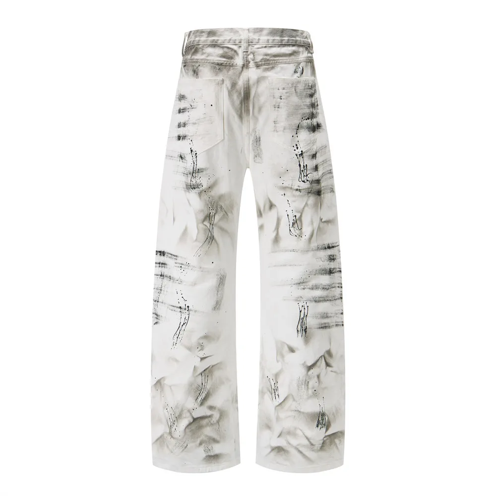 MWJLPWQ Fashion Style Splatter-Dye Tie-Dye Distressed Jeans For Men Punk Vintage Loose Straight-Leg Pants Button Trousers 20778