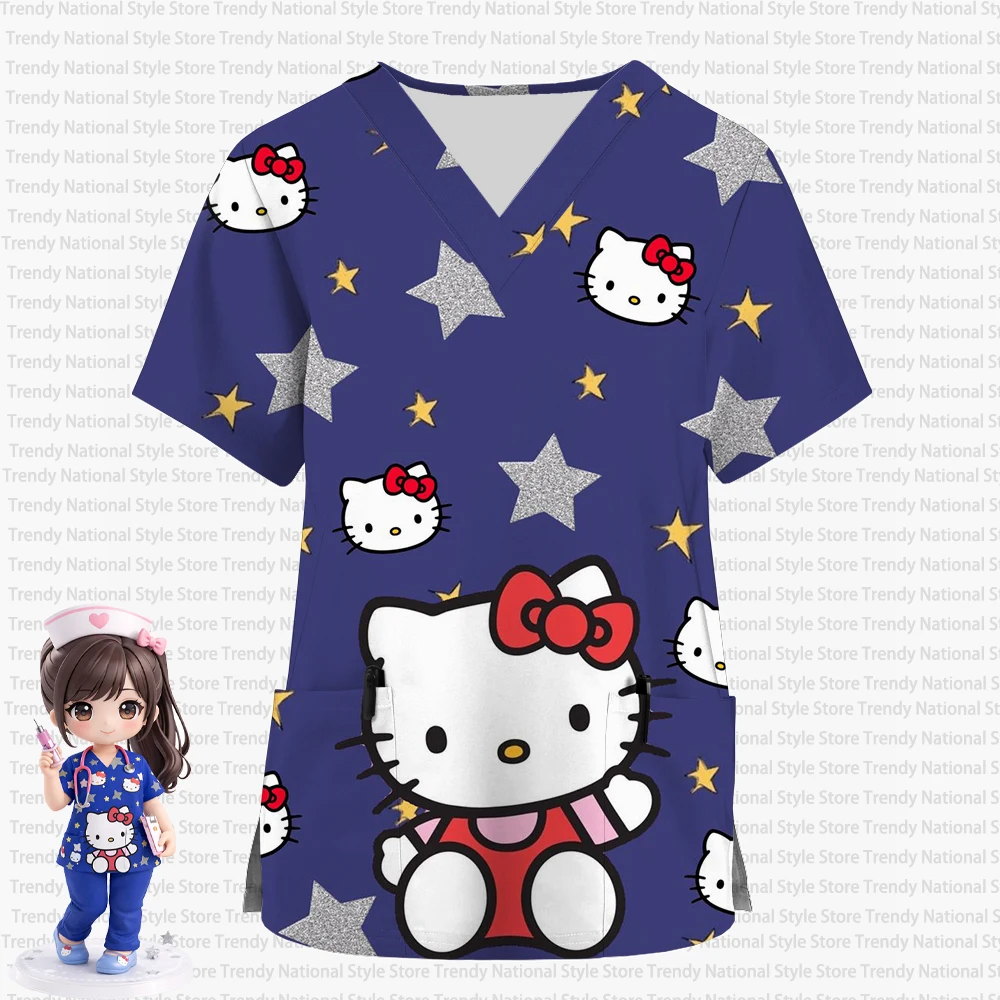 女性の 2026 新しいハローキティ漫画かわいいプリント V ネックポケットつや消しトップ医療看護師作業服美容院 T シャツ