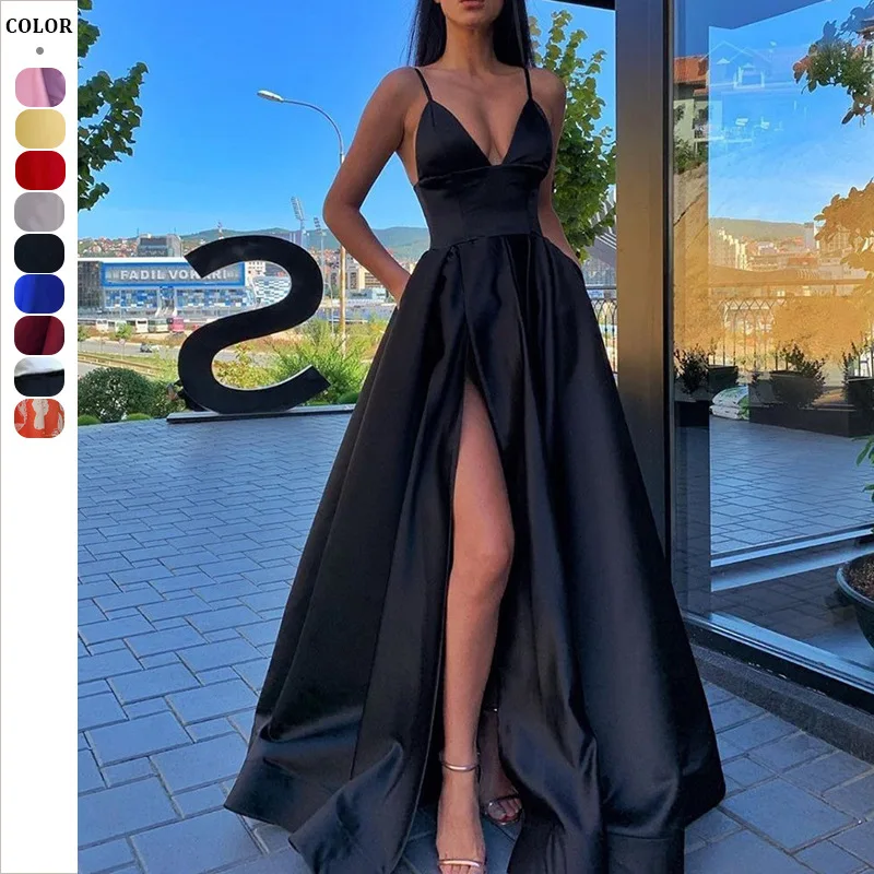 

Summer New Women'S Sexy Slimming Strap Dress Deep V Split Banquet Evening Dress
