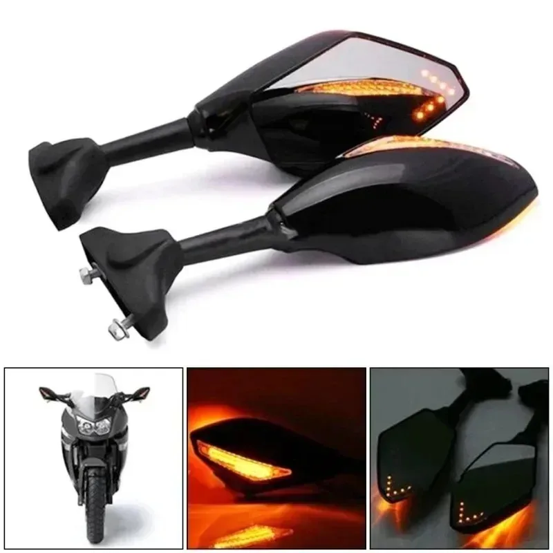 

2PCS for CBR 600 Ducati Motorcycle Rearview Mirrors With LED Turn Signals Lights Integrated Bla