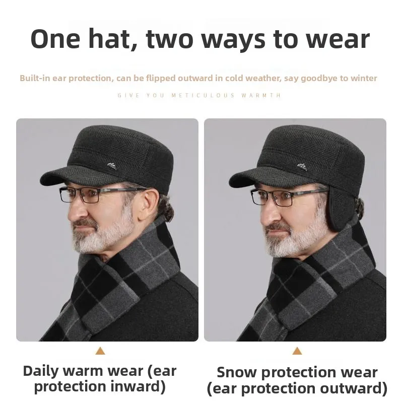 Warm Fleece Lined Flat Top Dad Cap Winter Hat for Middle Aged And Elderly Men Adjustable Short Brim Travel Duckbill Cap