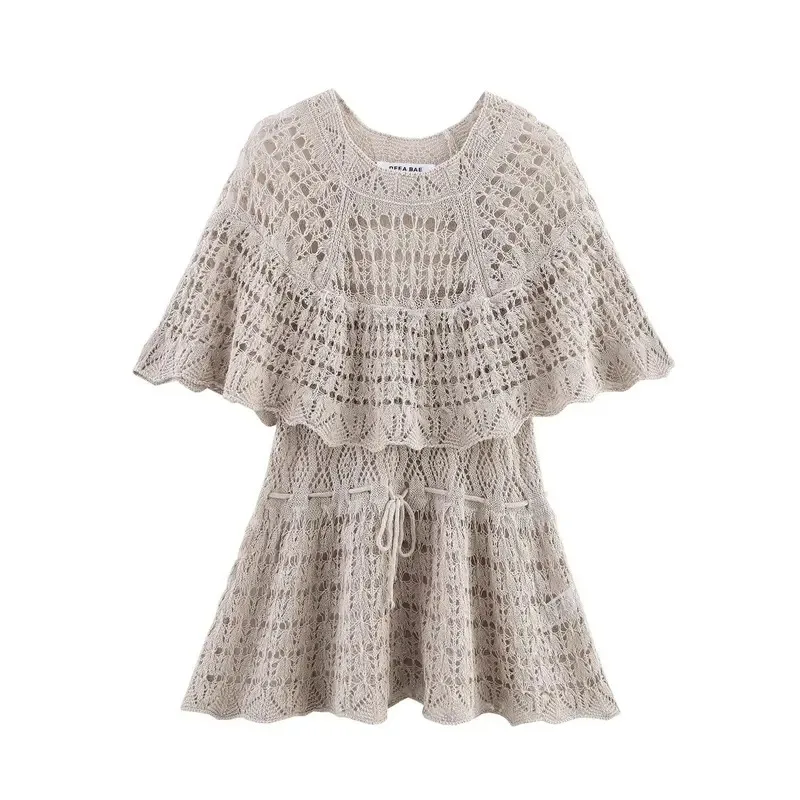 

Elegant Women's Knitted Hollow Layered Ruffle Top Short Sleeve Solid Color round Neck Fashion for Beach Holiday Lady Dress