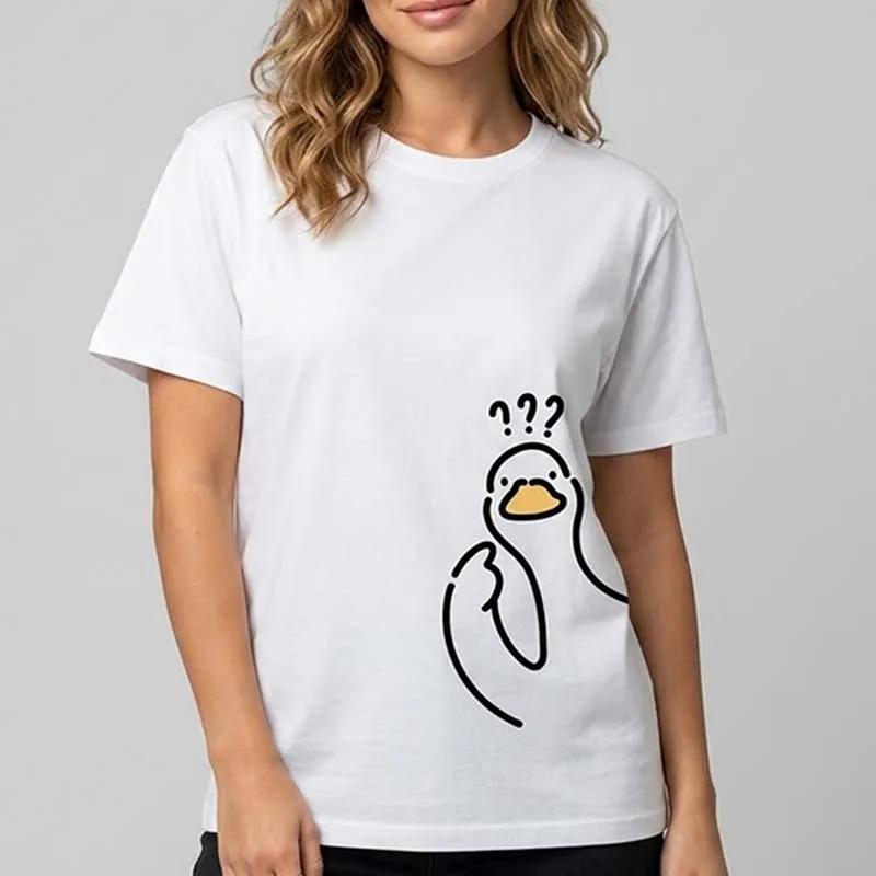 T-Shirts mit Fragezeichen-Enten-Aufdruck für Damen und Herren, Sommer, lässig, modisch, niedlich, lustig, bequeme Oberteile, Rundhalsausschnitt, kurze Ärmel, Baumwoll-T-Shirts – Detail 4