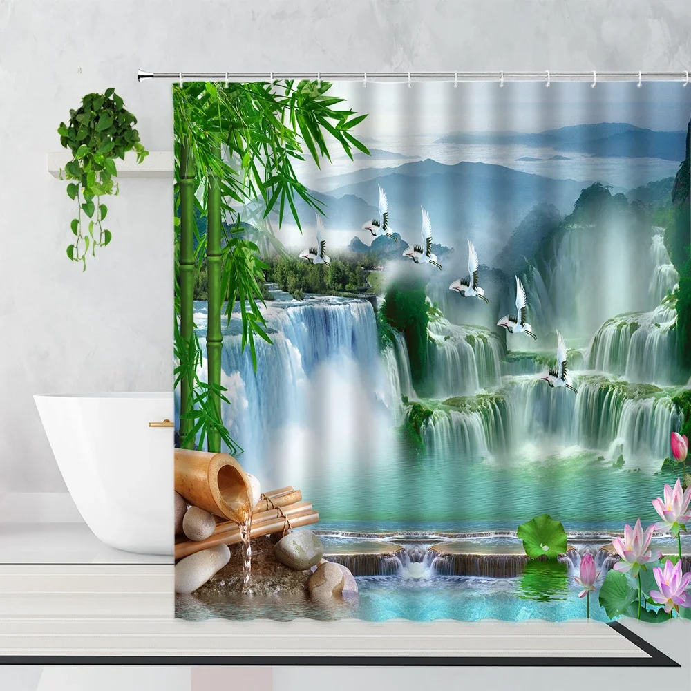Zen Bamboo Forest Shower Curtain Summer Forest Jungle Waterfall Rock Nature Scenery Bath Curtains Set Green Landscape Bathroom