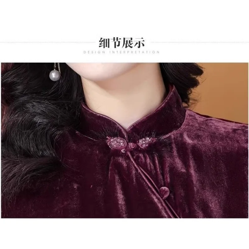 Gold Velvet Long-sleeved Velvet New Design Autumn Retro Top Temperament Chinese Style Bottom Button Shirt Outer Wear