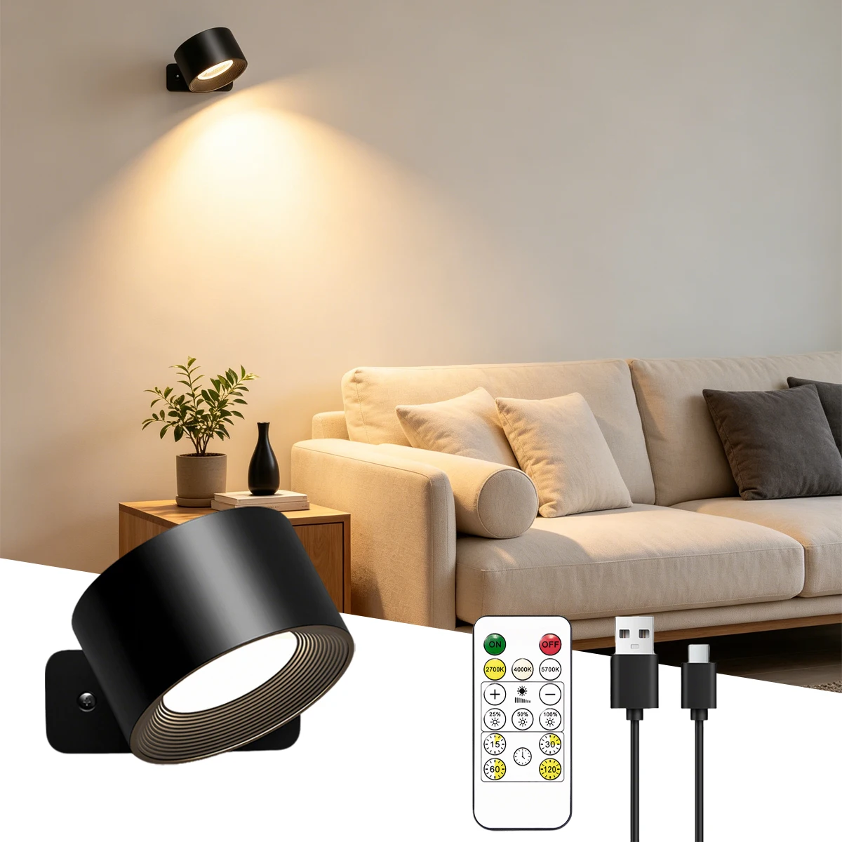 Kabellose Wiederaufladbare Magnetische LED-Wandleuchte mit Fernbedienung, Dimmbar mit Timer-Funktion 360° °   Drehbare Augenschonende Leselampe Bohrfreie Montage Nachtlicht für Schlafzimmer Treppe