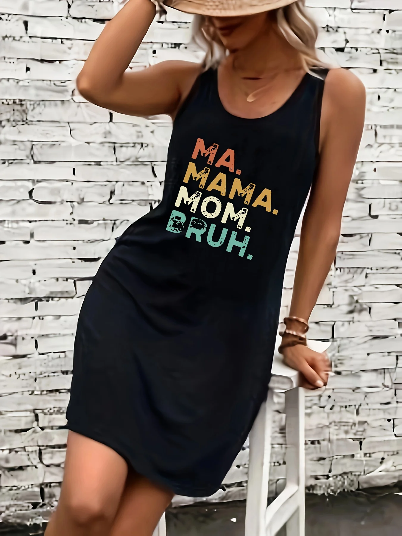 

Mama Letter Print Crew Neck Dress, Casual Sleeveless Loose Fit Dress For Spring & Summer, Women's Clothing