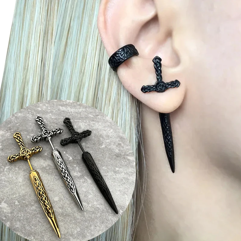 Kiss Jewelry New Punk Style Gothic Sword Shape Piercing Earrings for Women Men Goth Pattern Ear Jacket Dagger Stud Earring Gift