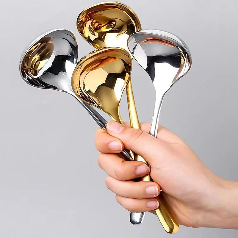 1×Stainless Steel Big Head Round Spoon Net Red Golden Dinner Long Handle Stirring Dessert Spoons For Kitchen Accessories Gadgets