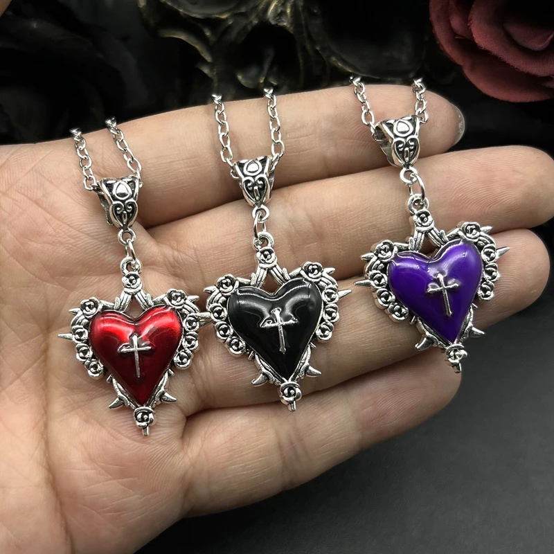Death Cross Heart Necklace, Gothic jewelry, rose, Thorn, Vintage accessories, Y2k Choker, Witch, Pagan, For Women Man，Trend