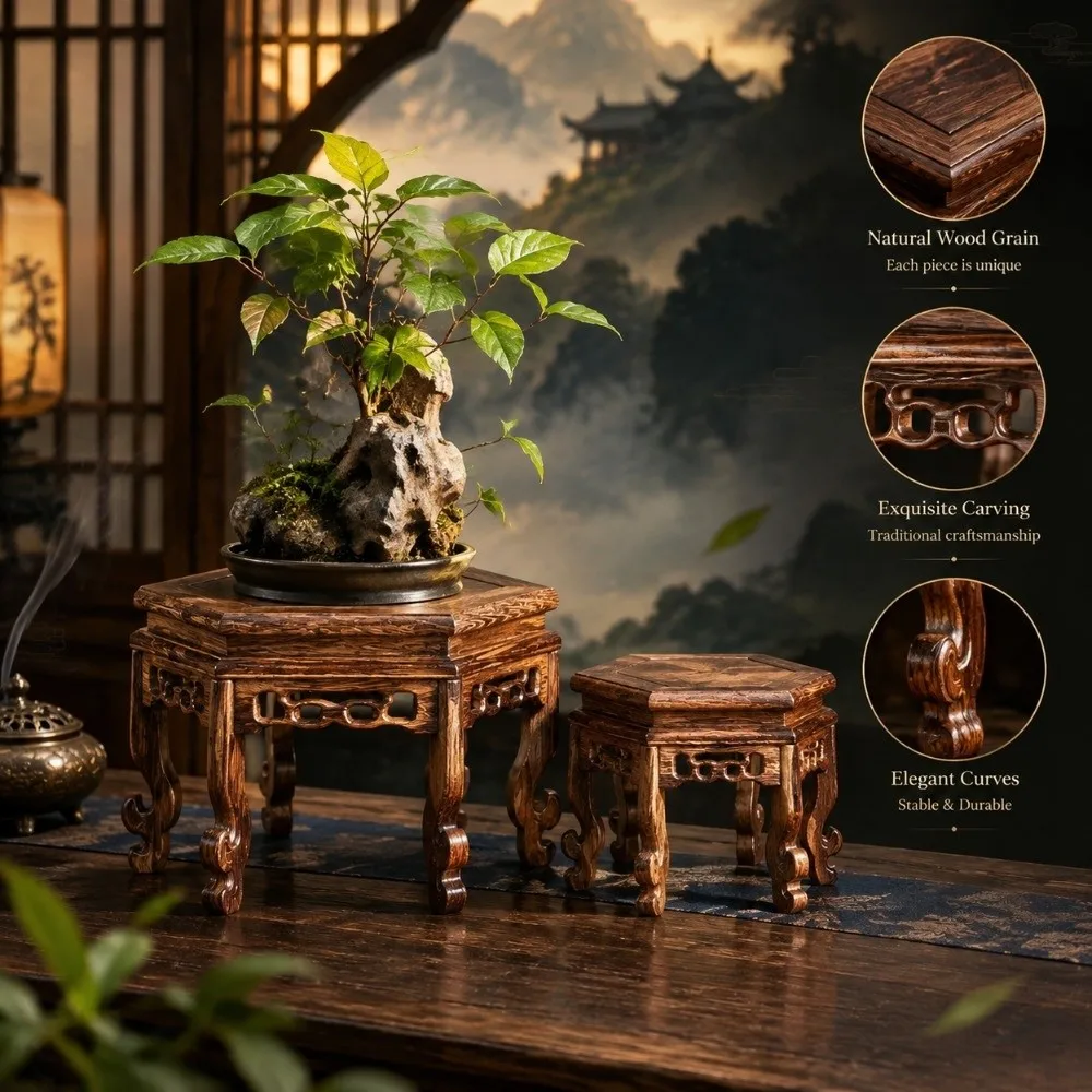 Solid Wood Display Base Rack Hand Carved Bonsai Stand Hexagon Wood Base Plant Pot Stand Teapot Stand Wooden Display Stand Garden