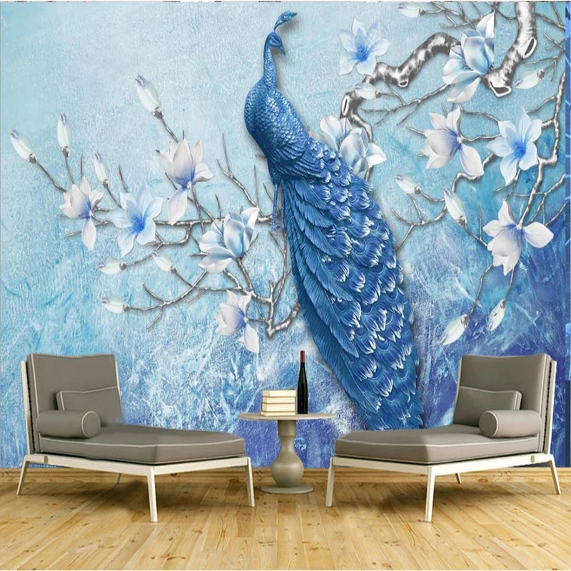 Custom Mural Wallpaper Chinese Embossed Blue Peacock Magnolia Flower Fresco Living Room Bedroom Background Wall Paper Home Decor