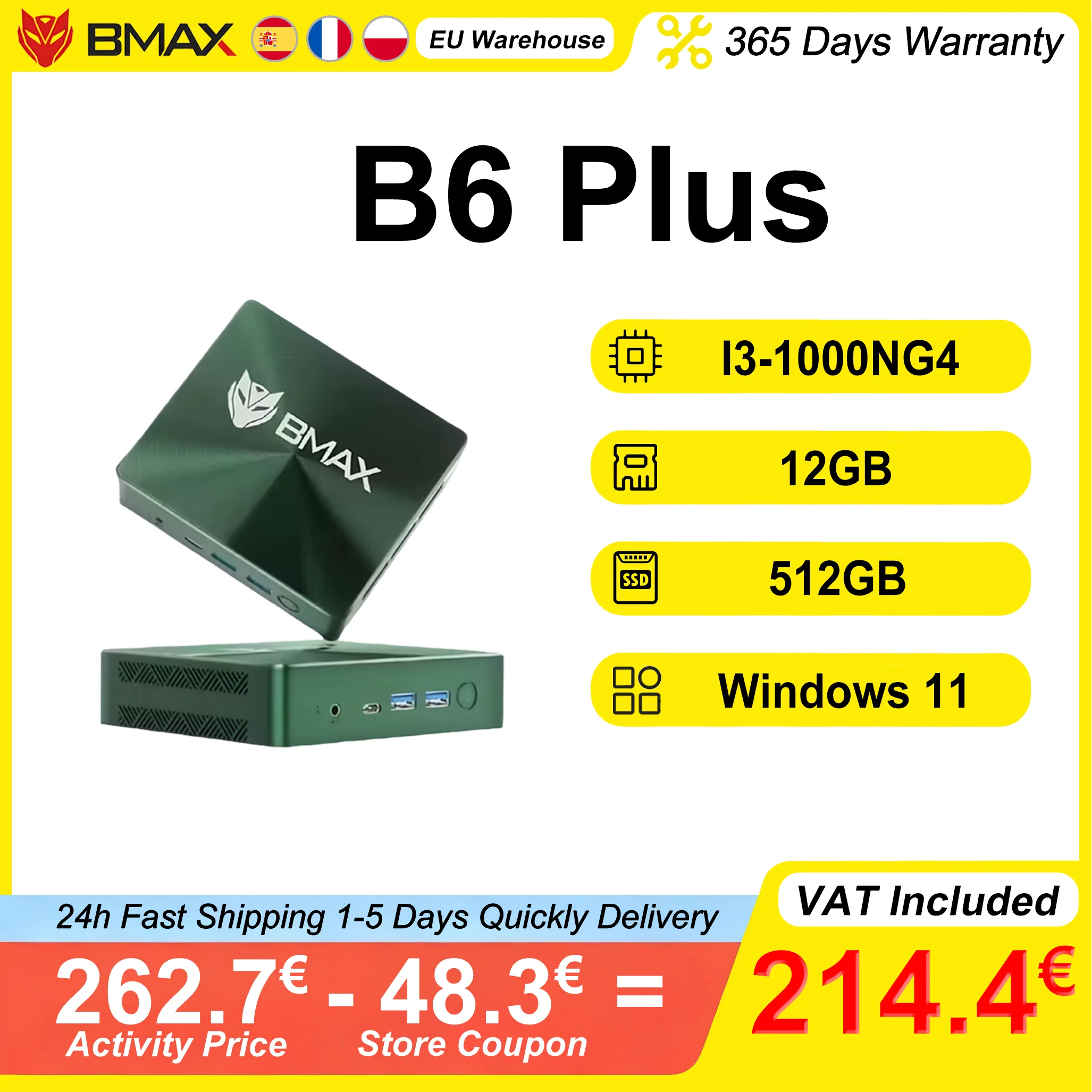 BMAX B6 Plus Mini PC Intel I3 1000NG4 12GB RAM 512GB SSD ROM Windows 11 WiFi USB HDMI Bluetooth 4.2