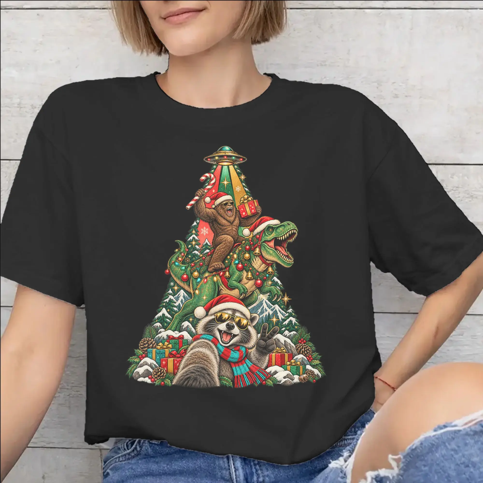 Men Women Funny Bigfoot Ride Dinosaur Raccoon Shirt Cotton Graphic Printed Tee Shirts  Top Clothing