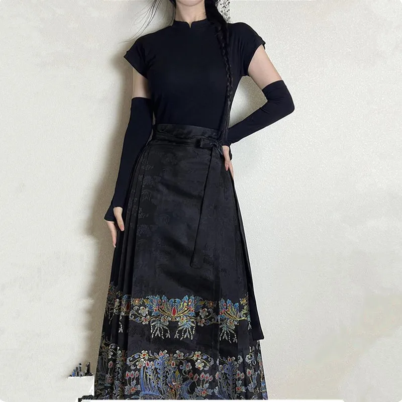 Mamianqun Hanfu-Falda plisada tradicional de estilo chino para mujer, faldas largas con cordones que combinan con todo, color negro, moda fina, 2493