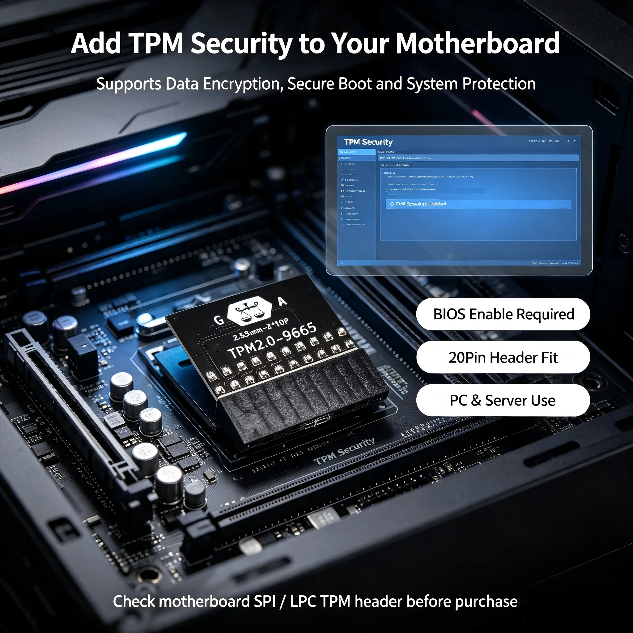 TPM 2.0 Encryption Security Chip 20Pin 2.54mm 2x10P Module for PC Windows 11 System Upgrade - 20-Pin High-Speed Data Transfer