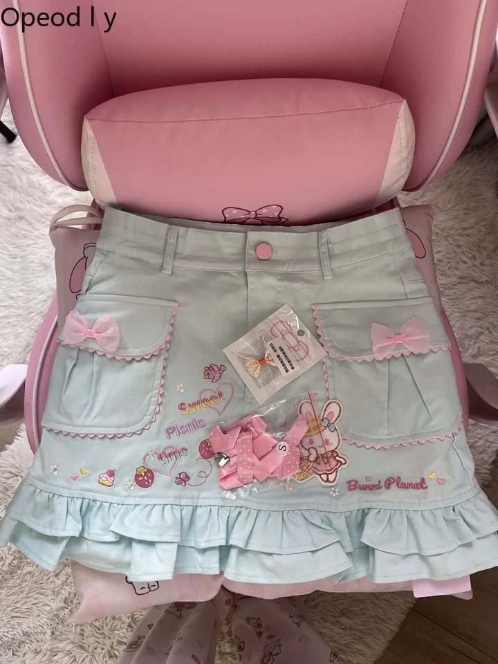 

Original Design Picnic Rabbit Short Skirt Daughter Dress Childlike Embroidery Big Pocket High Waist Cute Girl Kawaii Short Skirt