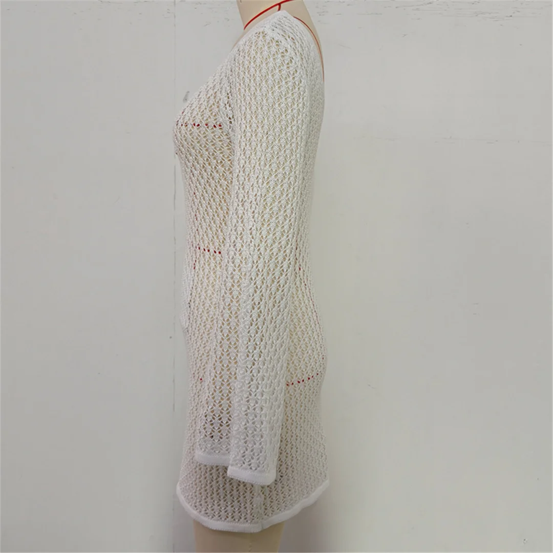 V-Ausschnitt, lange Ärmel, mit Ausschnitten versehene, gehäkelte Tunika, Strandkleid, Strandmode, Damen V7643 – Detail 21