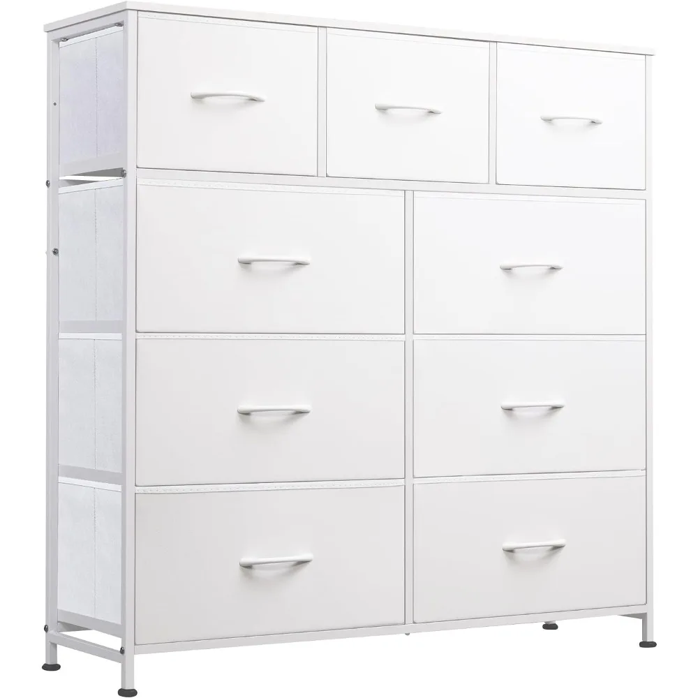 9 Drawer White Dresser | Spacious Fabric, Sleek Storage, Bedroom/Closet, Steel Frame, Wooden Top