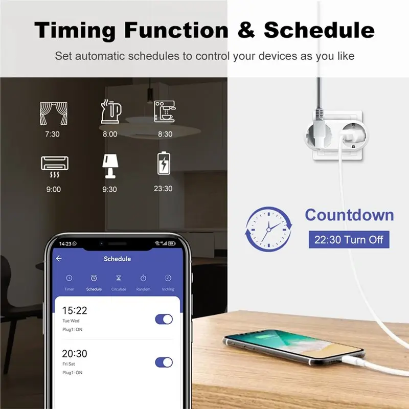 JHD Tuya Smart Life Wifi Smart Socket Dual Outlet 16A EU 2-In-1 Timing Socket Remote APP Voice Control EU Plug