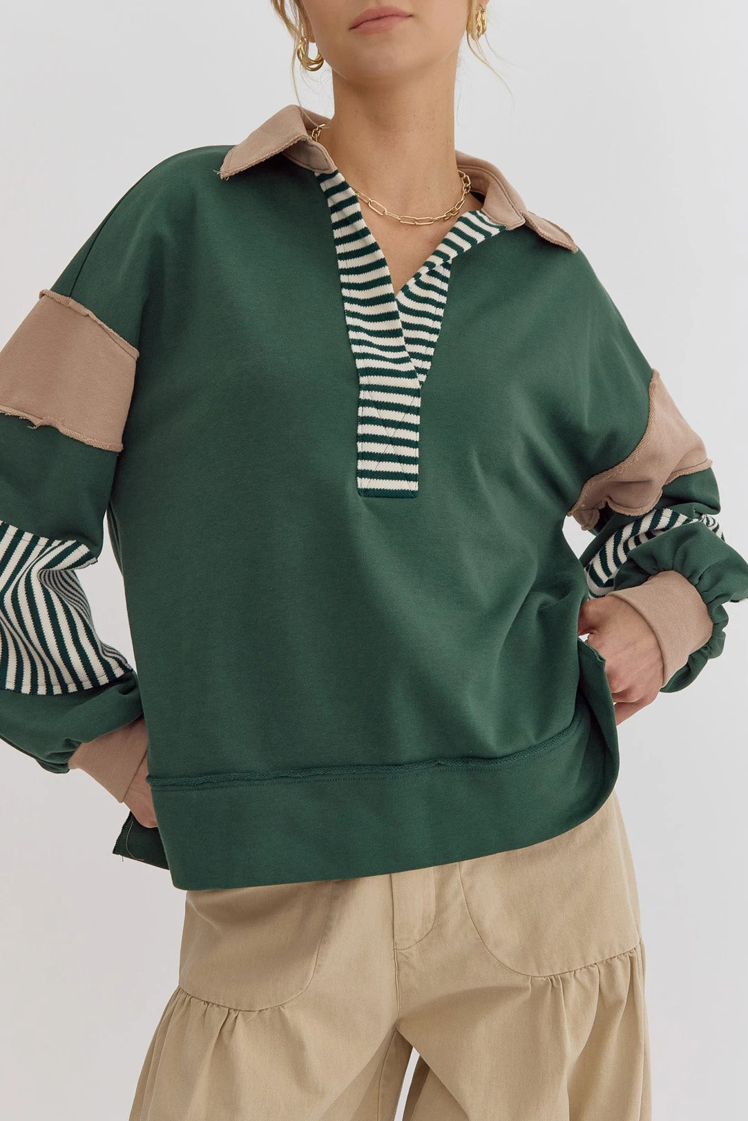 Women Oversized Sweatshirt Wholesale Long Sleeve V Neck Loose Pullover Color block Patchwork Striped Split Neck Collared Tops