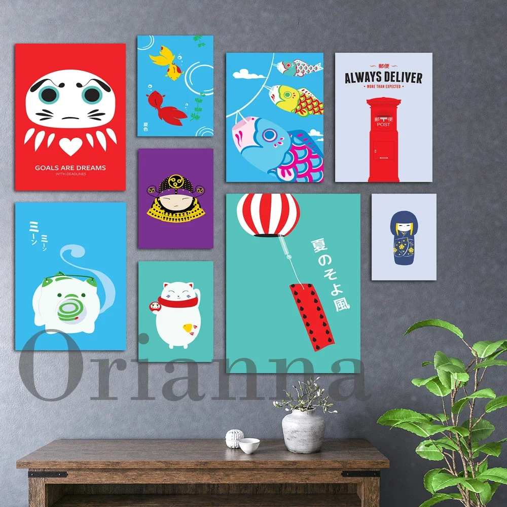 Japan Koinobori Carp Streamers Neko Daruma Wish Doll Samura Warrior Ferris Wheel Mailbox Retro Art Print Canvas Decor Painting