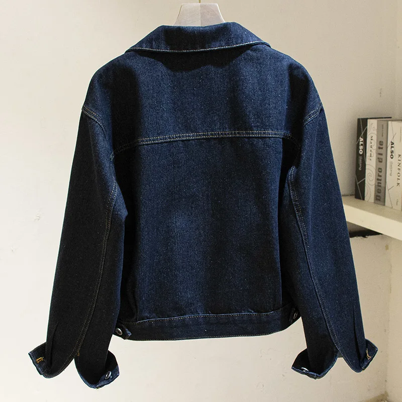 Vintage blu scuro grande tasca giacca di Jeans donna sciolto corto capispalla da Cowboy Chaquetas Mujer primavera autunno Jeans giacca femminile