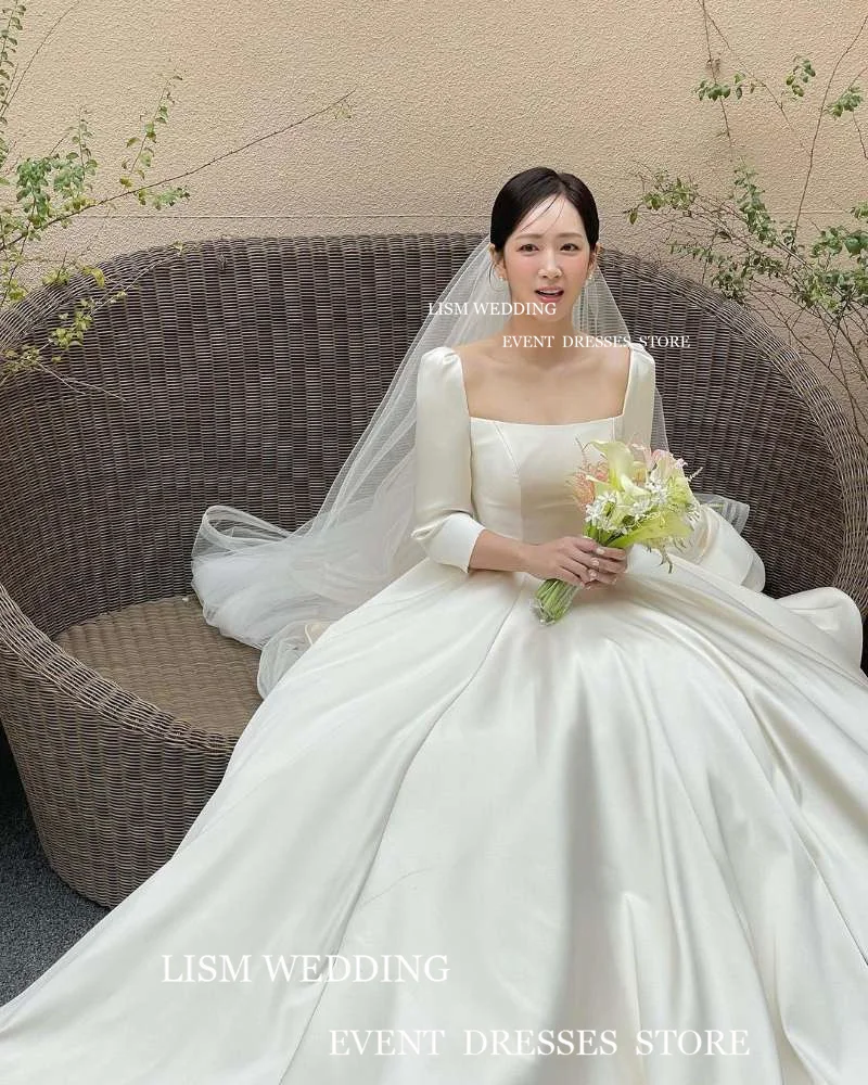 LISM abiti da sposa in raso semplice corea donna colletto quadrato maniche lunghe lunghezza del pavimento abiti da sposa formali con velo servizio fotografico