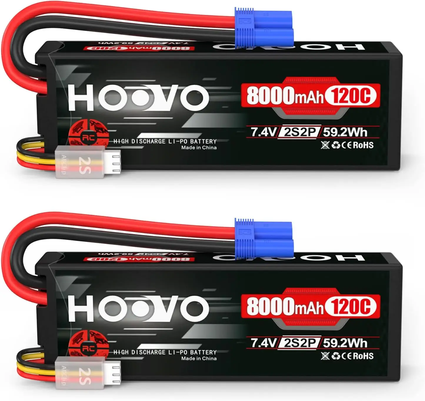 HOOVO 2Pcs 2S Lipo Battery 7.4V 8000mAh 120C RC Car Battery Hard Case EC5 Plug for 1/8 1/10 RC Vehicles Cars Trucks Drone Models