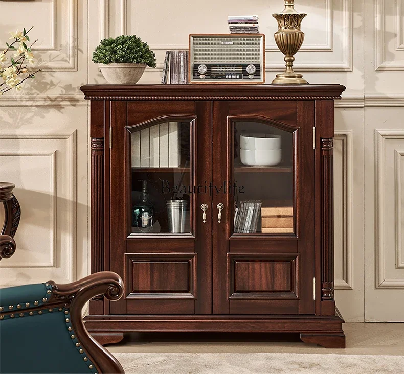 

LD6American-Style Solid Wood TV Side Cabinet Retro Living Room Storage Small Apartment Black Walnut Wooden Storage Cabinet