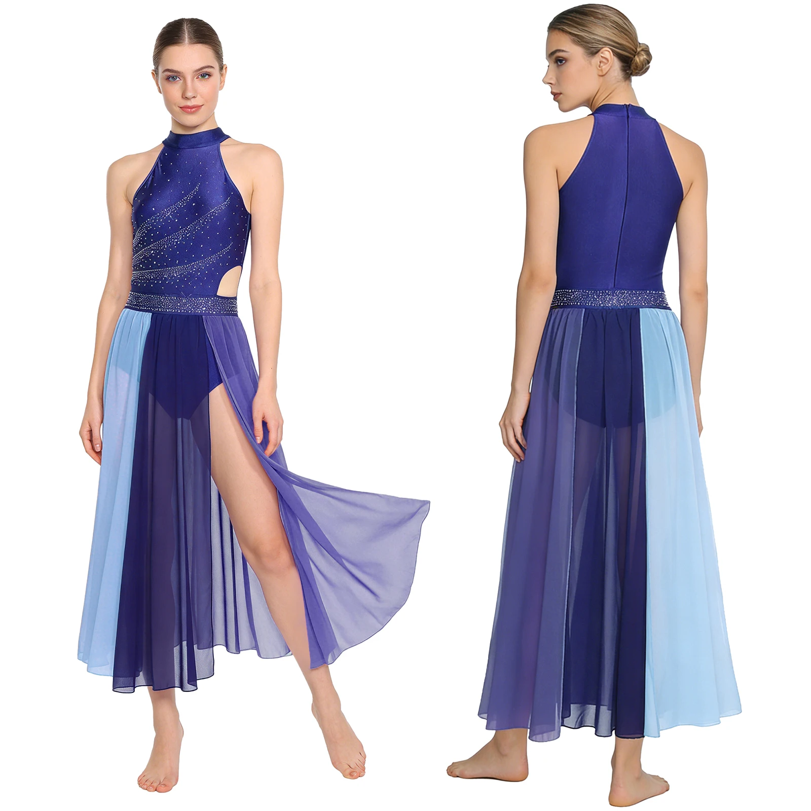 

Женское современное платье для лирического танца, балета, фигурного катания, гимнастики, танцев в современном стиле, блестящее, со стразами, без рукавов, сетчатое, с разрезом, леотард