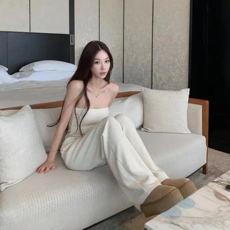 

Women Pure Desire Striped Tube Top Wide Leg Pants Set Slim Fit Casual Two Piece Outfit Daily Lounge Suit S-XL