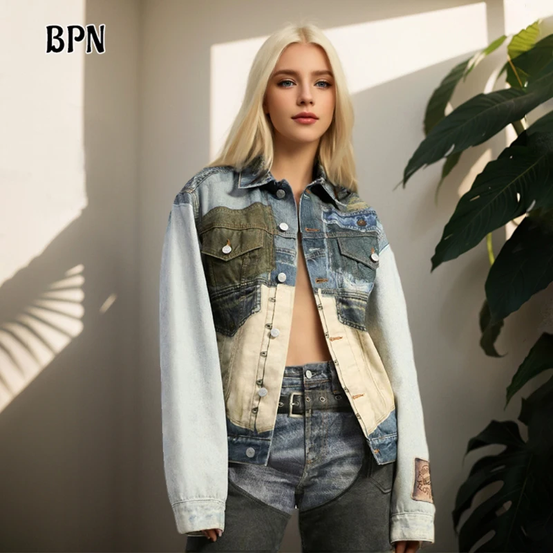 

BPN Casual Patchwork Denim Jackets For Women Lapel Long Sleeve Hit Color Spliced Single Breasted Streetwear Coats Female Clothes