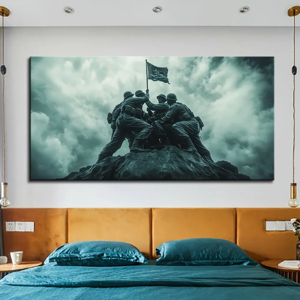 1.5 inch thick pine frame, paintings, prints, murals - Iwo Jima flag raising photo decoration, can be hung directly