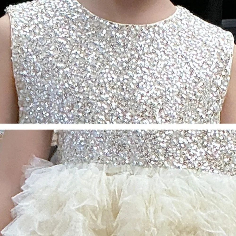 

Butterfly Bow Wings Children Princess Dress Round Neck Sequin Loose Birthday Cake Dress Casual Sleeveless