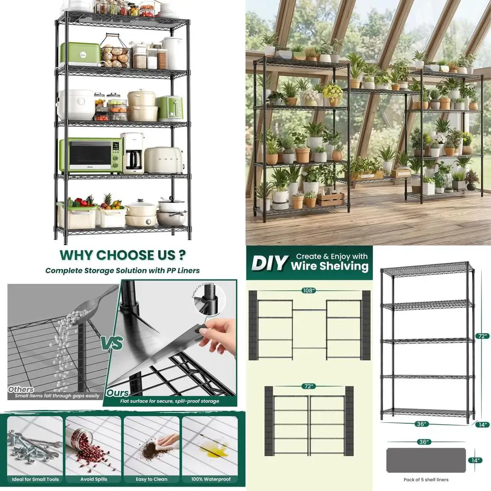 

72-ярусная регулируемая металлическая проволочная стеллажная система, усиленная, грузоподъемность 1325 фунтов, 36 дюймов x 14 дюймов, черная, для кладовой, гаража, коммерческого использования
