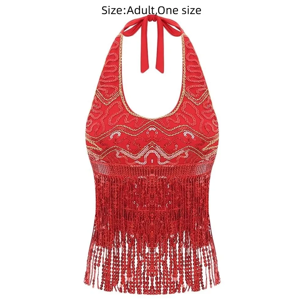 Charming Shiny Belly Dance Bra Tassel Halter Neck Stage Performance Top Sleeveless Dance Wear Latin Dance Top Stage