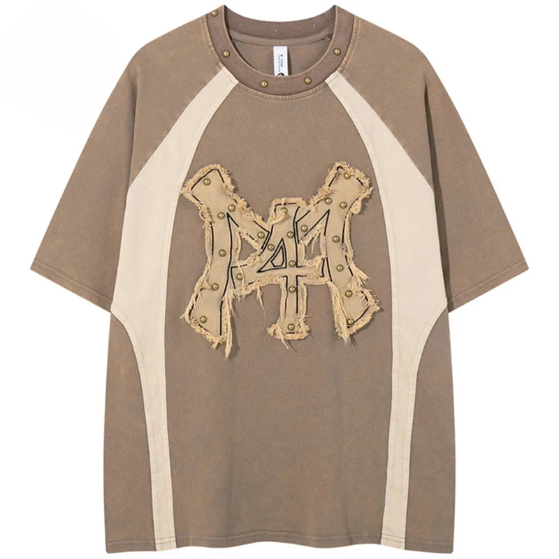 

Rivet Patchwork Men T Shirts Streetwear Harajuku Hip Hop Oversized Y2K T-shirts Casual Loose Tshirts Tee Tops