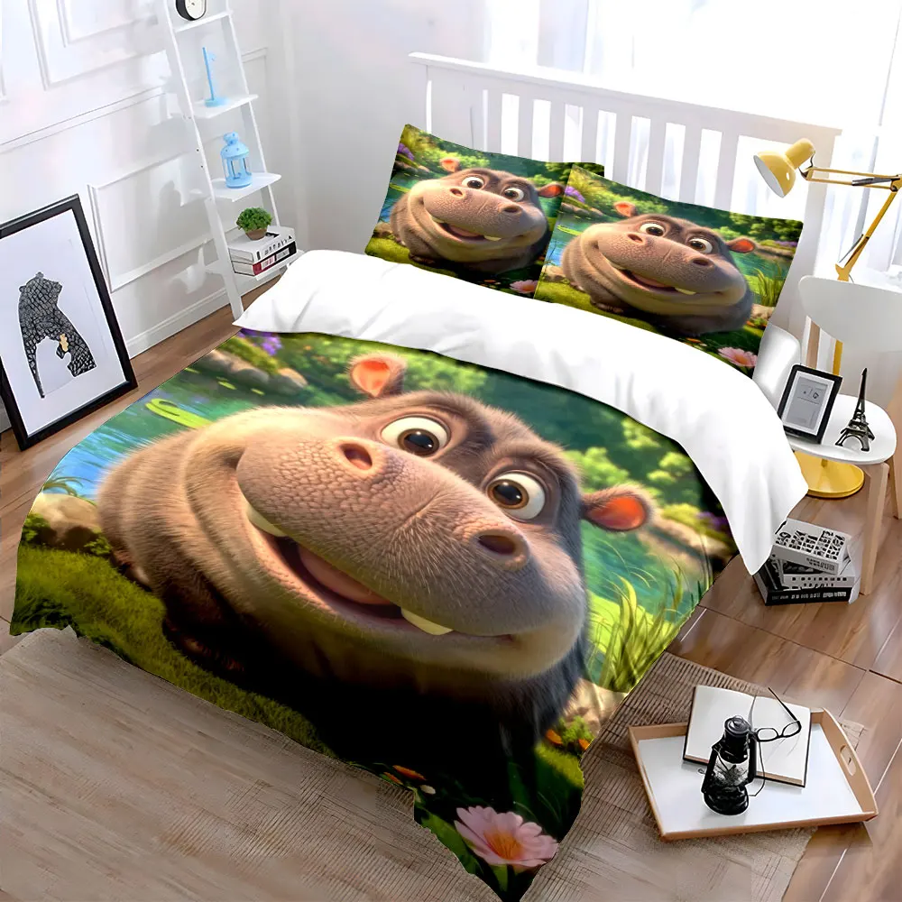 Smiling cartoon hippo by lush lakeside Print Bedding Set 1 Duvet Cover 2 Pillowcases for Adult and Children Luxury Gift
