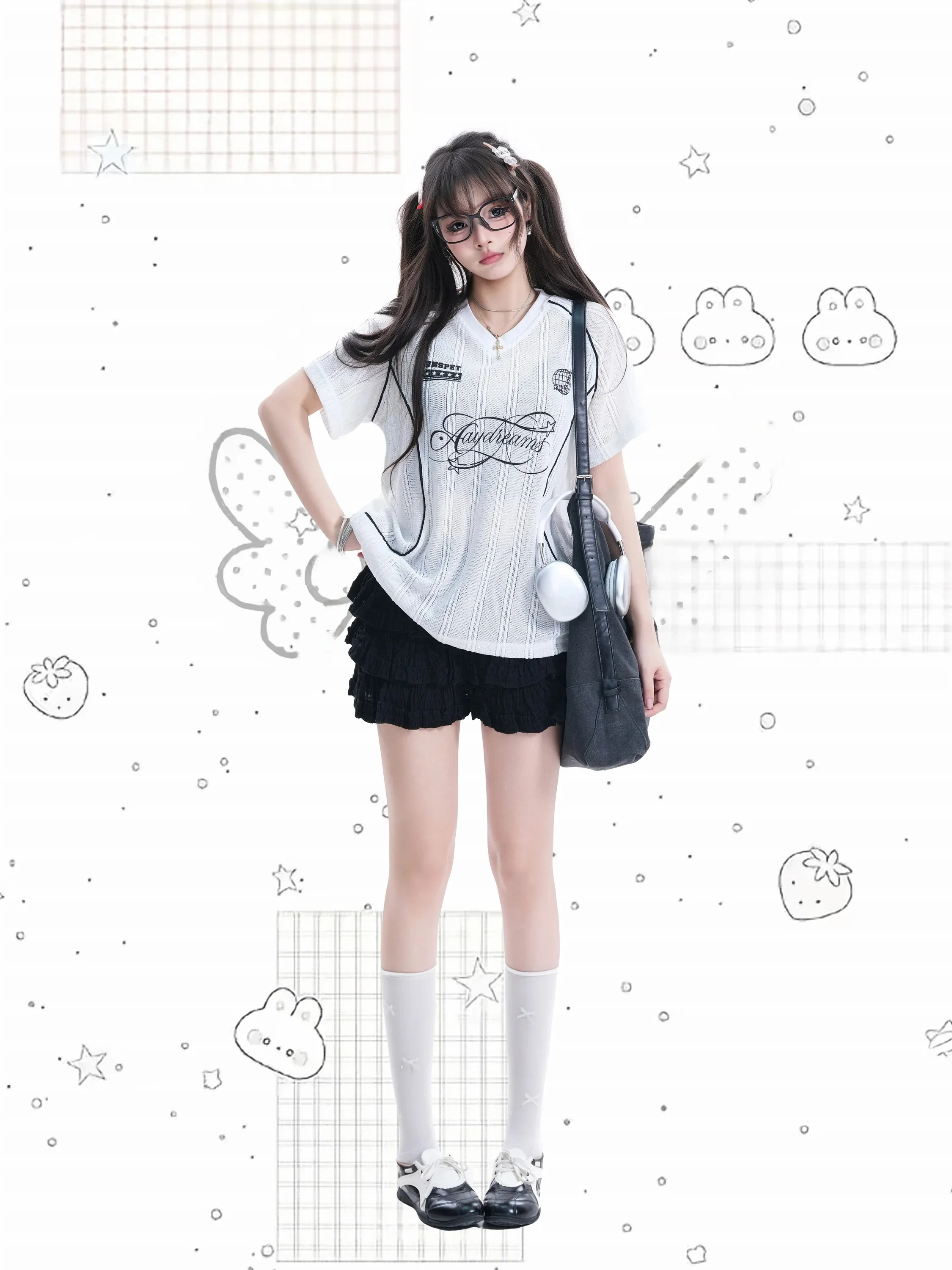 

American Sports Style Loose Women's T-shirt V-neck Color Block Stitching Letter Print Short Sleeve Couple's Ball Jersey