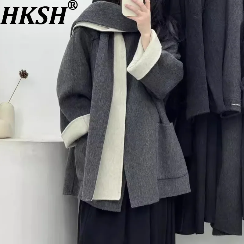 

HKSH осень-зима новое женское шерстяное пальто двусторонний шарф с цветными блоками и карманами элегантная модная утолщенная теплая куртка HK14382