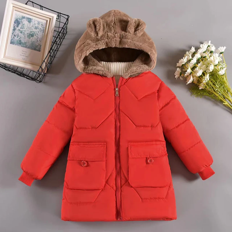 

4 6 8 10 12 Years Teen Girls Coat Plus Velvet Warm Winter Jacket For Girls Fashion Long Parkas Cute Bear Hooded Children Outwear