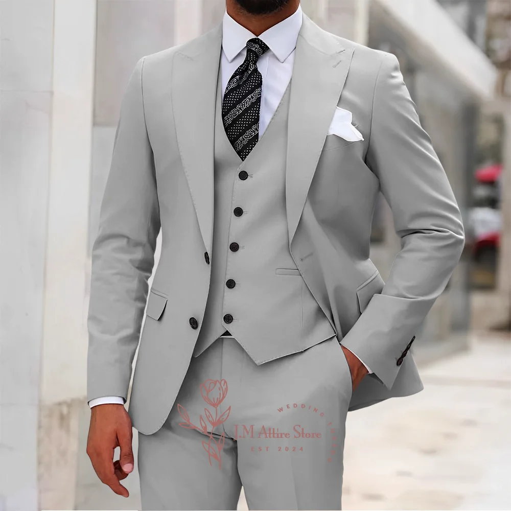 Classic grey men's 3-piece suit peak lapel jacket vest pants business formal events wear for wedding prom party custom tuxedo