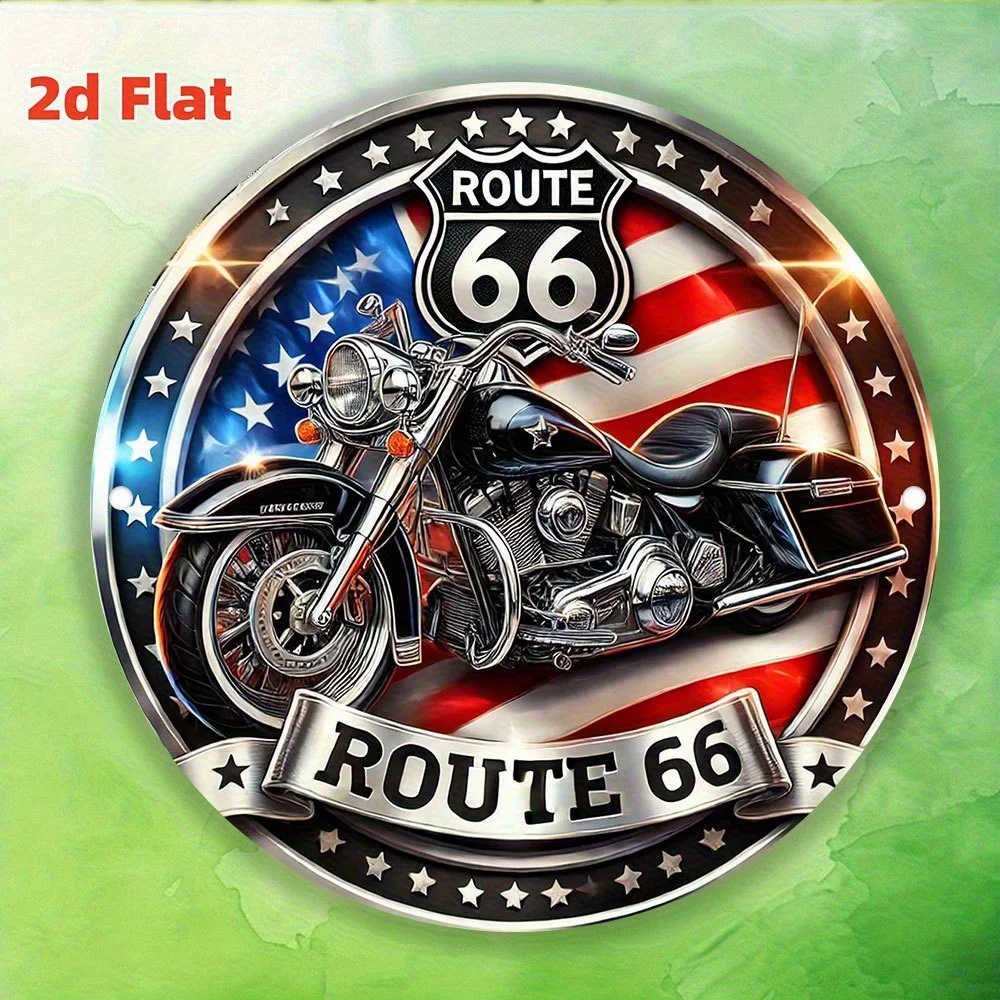 2D Flat, Vintage Route 66 Motorcycle Metal Sticker,20x20cm - Retro American Flag Design, Aluminum Wall Art, Suitable for Home, view 4
