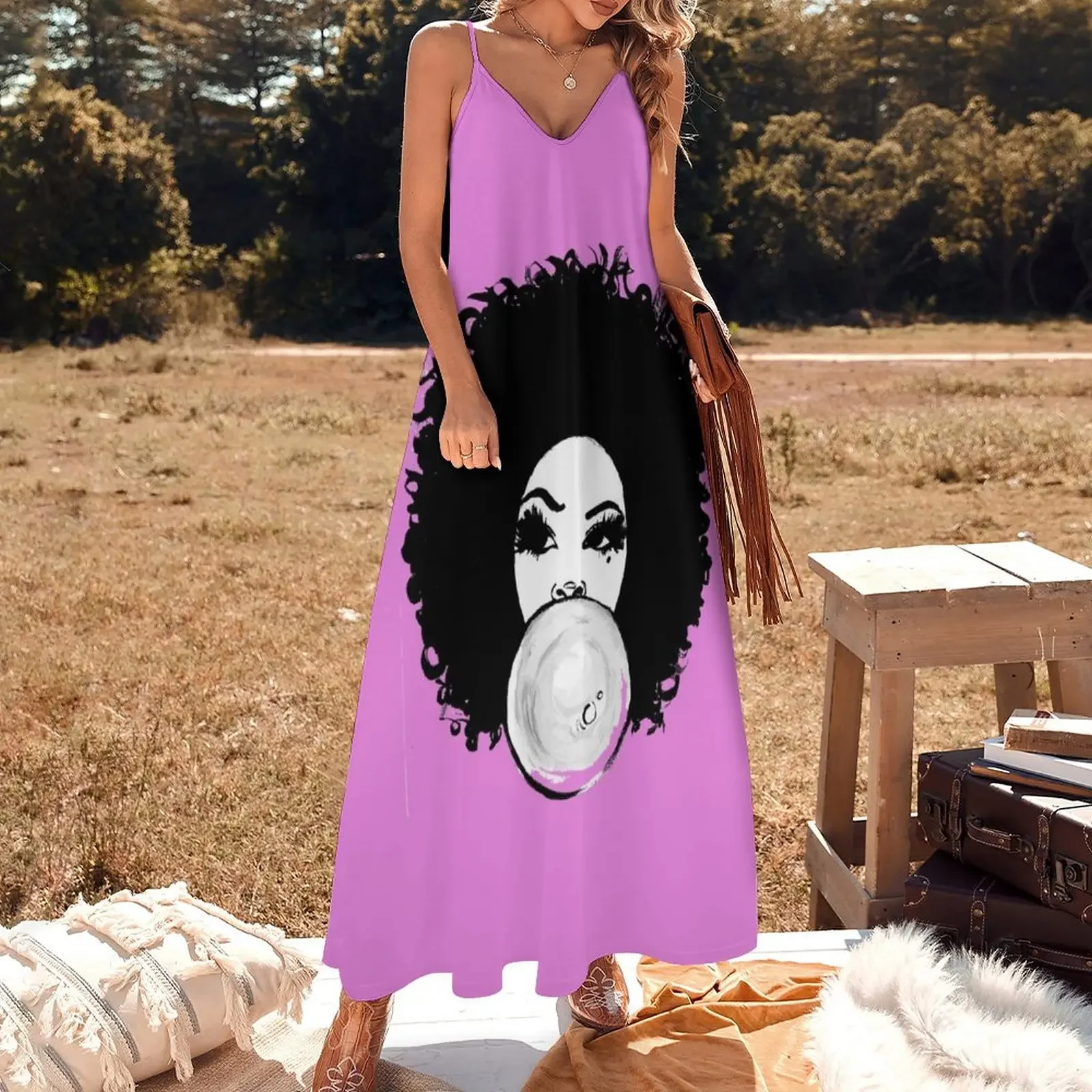 Curly Afro Pretty Girl Black Hair Bubble Gum Poppin T-Shirt Tees Sleeveless Dress elegant guest wedding dress Long dress