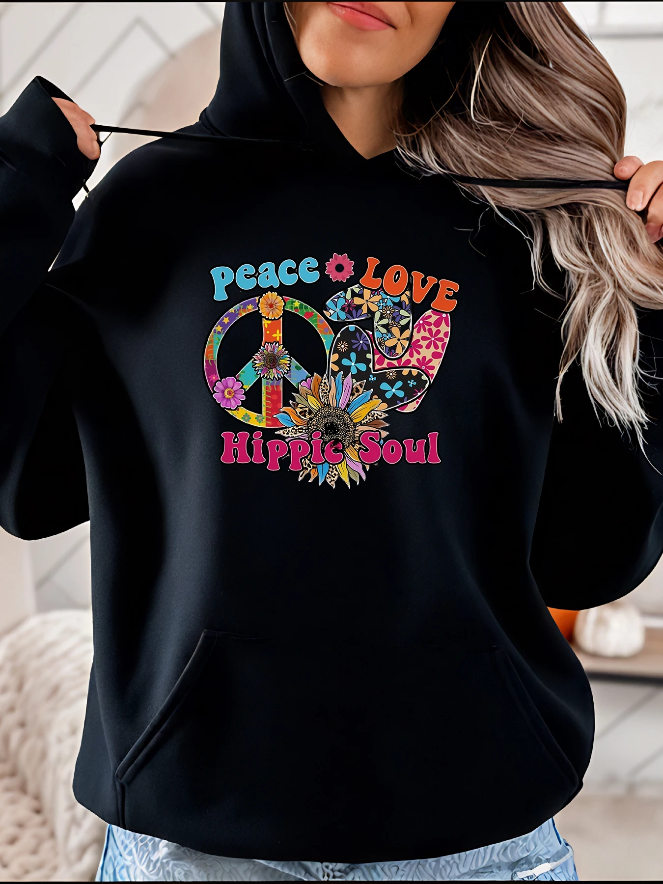 Peace Love Hippie Soul パーカー 花柄ピースサインプリント レディース カジュアル ストリートウェア スウェットシャツ ヒップスターファッション愛好家向け